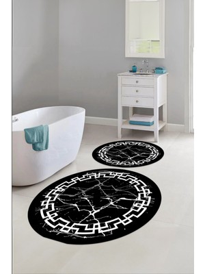 Napoli Home Dijital Yıkanabilir Çerçeveli Mermer Model Yuvarlak Banyo Paspası Klozet Takımı, Klozet-57-Beyaz,