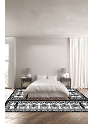 Napoli Home Dijital Baskılı Kaymaz Taban Yıkanabilir Etnik Afgan Model Üçlü Yatak Odası, Yo-Etnik-31-Gri,