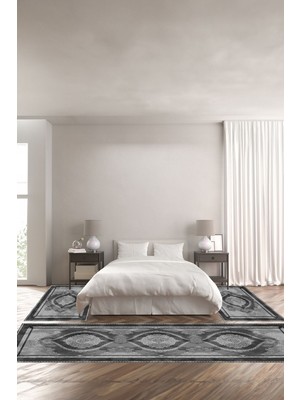 Napoli Home Dijital Kaymaz Yıkanabilir Klasik Geleneksel Motif Desenli Üçlü Yatak Odası, Yo-Klasik-32-Gri,