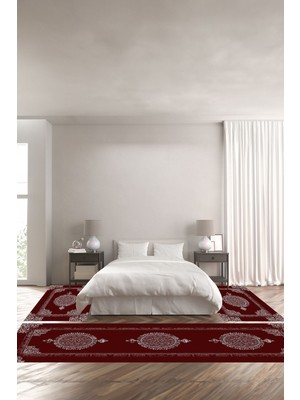 Napoli Home Dijital Baskılı Kaymaz Yıkanabilir Klasik Afgan Desenli Üçlü Yatak Odası, Yo-Klasik-36-Bordo,