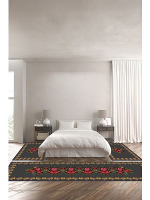 Napoli Home Dijital Baskılı Kaymaz Taban Yıkanabilir Klasik Gül Figürlü Üçlü Yatak Odası, Yo-Klasik-74-Gri,