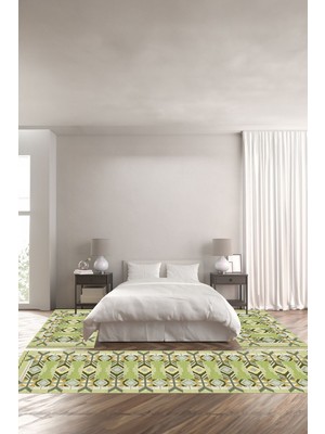 Napoli Home Dijital Baskılı Kaymaz Taban Yıkanabilir Etnik Modern Üçlü Yatak Odası, Yo-Etnik-27-Yeşil,