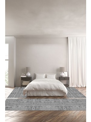 Napoli Home Dijital Baskılı Kaymaz Yıkanabilir Iskandinav Hasır Model Üçlü Yatak Odası, Yo-Iskandinav-44-Gri,