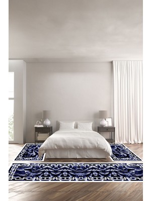 Napoli Home Dijital Baskılı Kaymaz Yıkanabilir Mermer Gül Motifli Üçlü Yatak Odası, Yo-Mermer-62-Lacivert,