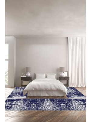 Napoli Home Dijital Baskı Kaymaz Yıkanabilir Iskandinav Modern Sade Üçlü Yatak Odası, Yo-Iskandinav-47-Lacivert,