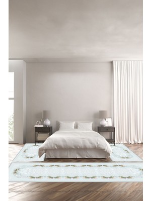 Napoli Home Dijital Baskılı Kaymaz Taban Yıkanabilir Klasik Model Sade Üçlü Yatak Odası, Yo-Klasik-35-Mavi,