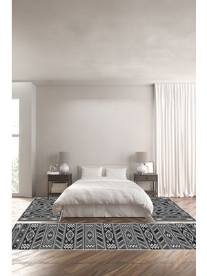 Napoli Home Baskılı Kaymaz Taban Yıkanabilir Etnik Hasır Görünümlü Üçlü Yatak Odası, Yo-Etnik-25-Gri,