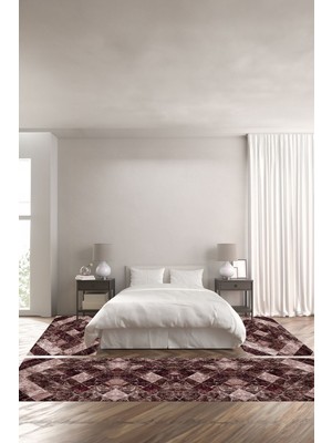Napoli Home Dijital Kaymaz Yıkanabilir Modern Kare Mermer Desenli Üçlü Yatak Odası, Yo-Modern-136-Bordo,