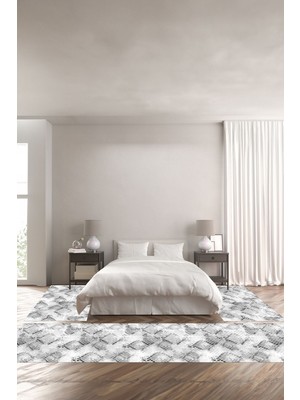 Napoli Home Dijital Kaymaz Yıkanabilir Modern Kare Zemin Görünümlü Üçlü Yatak Odası, Yo-Modern-211-Gri,