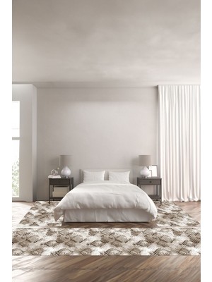 Napoli Home Dijital Kaymaz Yıkanabilir Modern Kare Zemin Görünümlü Üçlü Yatak Odası, Yo-Modern-211-Kahve,