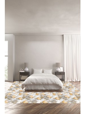 Napoli Home Dijital Kaymaz Yıkanabilir Modern Kare Zemin Görünümlü Üçlü Yatak Odası, Yo-Modern-211-Turuncu,