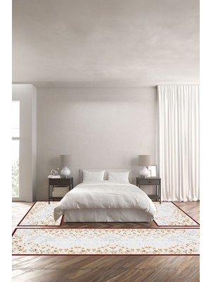Napoli Home Dijital Kaymaz Yıkanabilir Modern Çerçeveli Çiçek Motifli Üçlü Yatak Odası, Yo-Modern-213-Bordo,