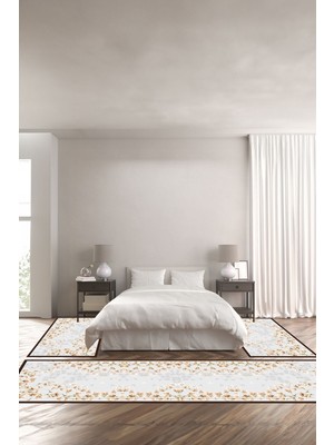 Napoli Home Dijital Kaymaz Yıkanabilir Modern Çerçeveli Çiçek Motifli Üçlü Yatak Odası, Yo-Modern-213-Kahve,