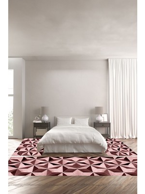 Napoli Home Baskılı Kaymaz Yıkanabilir Patchwork Üçgen Piramit Model Üçlü Yatak Odası, Yo-Patchwork-38-Bordo,