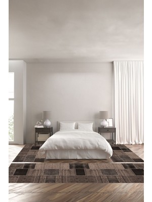 Napoli Home Baskılı Kaymaz Yıkanabilir Patchwork Çiçek Desen Modern Üçlü Yatak Odası, Yo-Patchwork-39-Vizon,