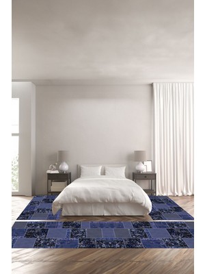 Napoli Home Baskılı Kaymaz Yıkanabilir Patchwork Gül Motifli Modern Üçlü Yatak Odası, Yo-Patchwork-40-Lacivert,