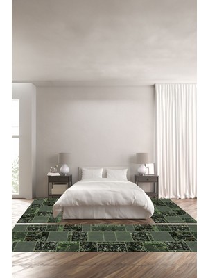 Napoli Home Baskılı Kaymaz Yıkanabilir Patchwork Gül Motifli Modern Üçlü Yatak Odası, Yo-Patchwork-40-Yeşil,