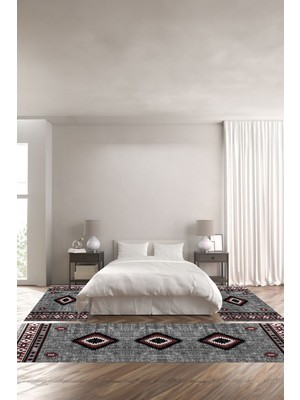 Napoli Home Baskılı Kaymaz Yıkanabilir Iskandinav Dörtgen Desenli Üçlü Yatak Odası, Yo-Iskandinav-56-Bordo,