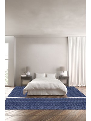Napoli Home Dijital Baskılı Kaymaz Yıkanabilir Sade Modern Kare Desenli Üçlü Yatak Odası, Yo-Sade-93-Mavi,