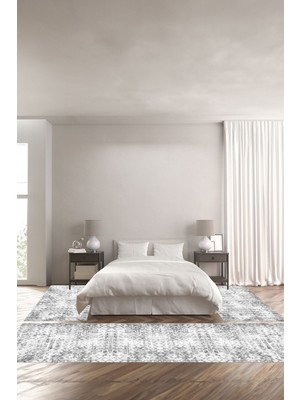 Napoli Home Dijital Baskılı Kaymaz Yıkanabilir Sade Kare Geçişli Modern Üçlü Yatak Odası, Yo-Sade-110-Gri,