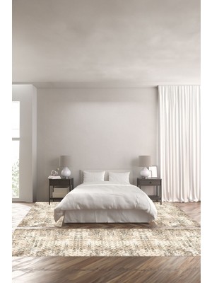 Napoli Home Dijital Baskılı Kaymaz Yıkanabilir Sade Kare Geçişli Modern Üçlü Yatak Odası, Yo-Sade-110-Bej,