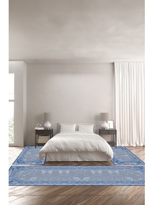 Napoli Home Dijital Baskılı Kaymaz Yıkanabilir Klasik Çiçek Desenli Üçlü Yatak Odası, Yo-Klasik-45-Mavi,