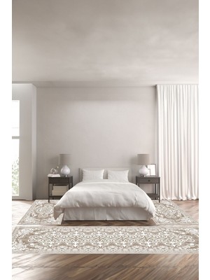 Napoli Home Dijital Baskılı Kaymaz Taban Yıkanabilir Klasik Afgan Figürlü Üçlü Yatak Odası, Yo-Klasik-52-Bej,