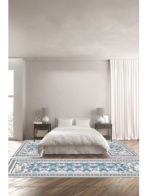 Napoli Home Dijital Baskılı Kaymaz Taban Yıkanabilir Klasik Çerçeveli Üçlü Yatak Odası, Yo-Klasik-55-Mavi,