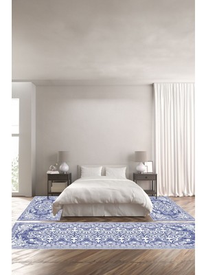 Napoli Home Dijital Kaymaz Taban Yıkanabilir Klasik Afgan Figürlü Üçlü Yatak Odası, Yo-Klasik-52-Lacivert,