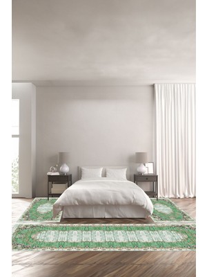 Napoli Home Dijital Baskılı Kaymaz Taban Yıkanabilir Klasik Gül Motifli Üçlü Yatak Odası, Yo-Klasik-56-Yeşil,