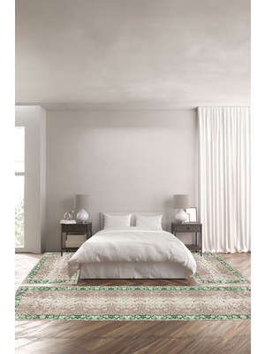 Napoli Home Dijital Baskılı Kaymaz Yıkanabilir Klasik Eskitme Model Sade Üçlü Yatak Odası, Yo-Klasik-57-Yeşil,