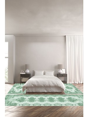 Napoli Home Dijital Baskılı Kaymaz Yıkanabilir Klasik Sade Eskitme Desen Üçlü Yatak Odası, Yo-Klasik-77-Yeşil,