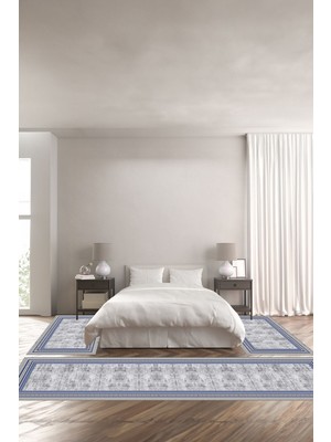 Napoli Home Dijital Baskılı Kaymaz Yıkanabilir Çerçeve Model Üçlü Yatak Odası,Yo-Çerçeveli-72-Mavi,