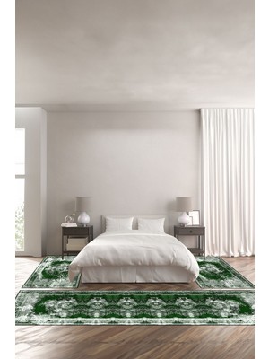 Napoli Home Dijital Baskılı Kaymaz Yıkanabilir Klasik Çerçeve Model Üçlü Yatak Odası, Yo-Klasik-78-Yeşil,