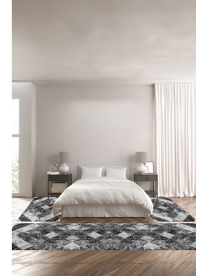 Napoli Home Dijital Kaymaz Yıkanabilir Modern Kare Mermer Desenli Üçlü Yatak Odası, Yo-Modern-136-Gri,