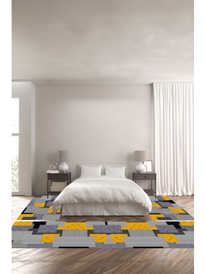 Napoli Home Dijital Kaymaz Yıkanabilir Modern Sade Kare Çizgili Üçlü Yatak Odası, Yo-Modern-141-Sarı,
