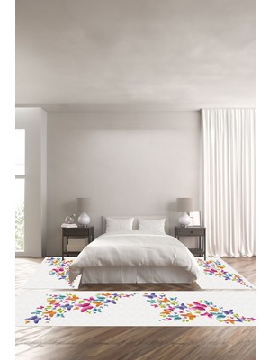 Napoli Home Dijital Baskılı Kaymaz Yıkanabilir Modern Kelebek Desenli Üçlü Yatak Odası, Yo-Modern-147-Renkli,