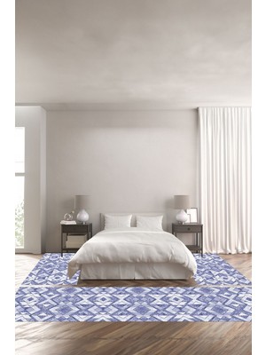Napoli Home Dijital Kaymaz Yıkanabilir Modern Kare Zigzag Desenli Üçlü Yatak Odası, Yo-Modern-139-Lacivert,