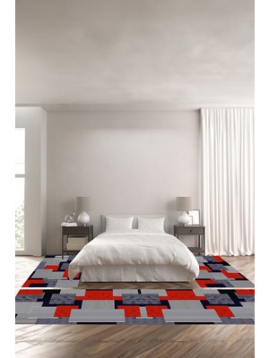 Napoli Home Dijital Kaymaz Yıkanabilir Modern Sade Kare Çizgili Üçlü Yatak Odası, Yo-Modern-141-Kırmızı,