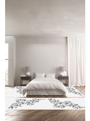 Napoli Home Dijital Baskılı Kaymaz Yıkanabilir Modern Kelebek Desenli Üçlü Yatak Odası, Yo-Modern-147-Gri,