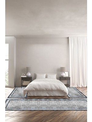 Napoli Home Dijital Baskılı Kaymaz Yıkanabilir Çerçeveli Kupa Desenli Üçlü Yatak Odası,Yo-Çerçevelı-118-Mavı,