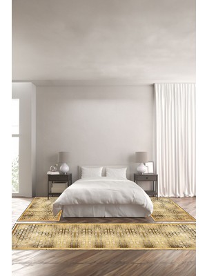 Napoli Home Dijital Baskılı Kaymaz Yıkanabilir Modern Kare Mermer Modelli Üçlü Yatak Odası, Yo-Modern-179-Gold,