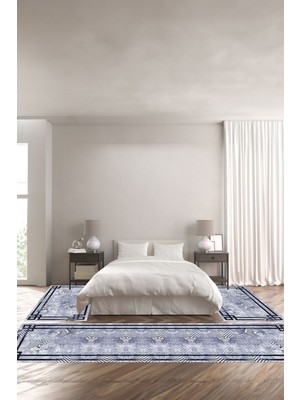 Napoli Home Dijital Baskılı Kaymaz Yıkanabilir Çerçeveli Çiçek Motif Üçlü Yatak Odası,Yo-Çerçevelı-122-Lacvert,