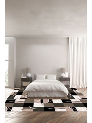 Napoli Home Dijital Baskılı Kaymaz Yıkanabilir Modern Kare Desenli Üçlü Yatak Odası, Yo-Modern-186-Krem,