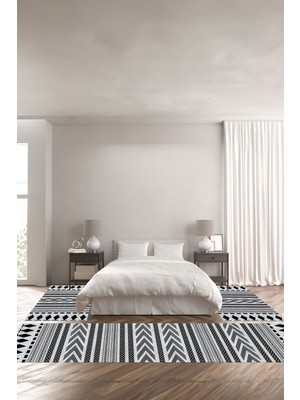 Napoli Home Dijital Kaymaz Yıkanabilir Modern Etnik Iskandinav Desenli Üçlü Yatak Odası, Yo-Modern-184-Gri,
