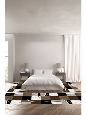 Napoli Home Dijital Baskılı Kaymaz Yıkanabilir Modern Kare Desenli Üçlü Yatak Odası, Yo-Modern-186-Kahve,