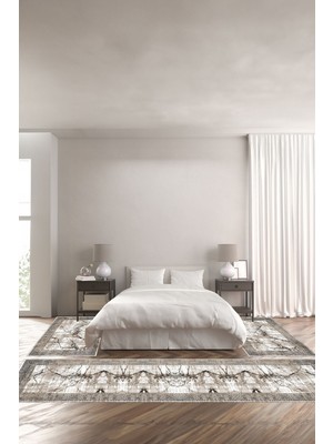 Napoli Home Dijital Kaymaz Yıkanabilir Modern Çerçeveli Kare Desenli Üçlü Yatak Odası, Yo-Modern-187-Kahve,
