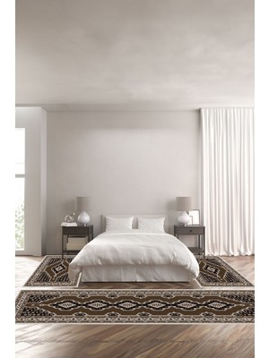 Napoli Home Dijital Baskılı Kaymaz Taban Yıkanabilir Etnik Afgan Desenli Üçlü Yatak Odası, Yo-Etnik-34-Kahve,