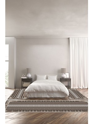 Napoli Home Dijital Kaymaz Yıkanabilir Modern Etnik Motif Desenli Üçlü Yatak Odası, Yo-Modern-217-Kahve,