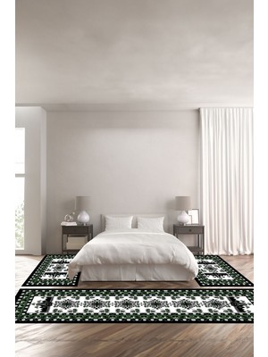 Napoli Home Dijital Baskılı Kaymaz Taban Yıkanabilir Etnik Afgan Model Üçlü Yatak Odası, Yo-Etnik-31-Yeşil,